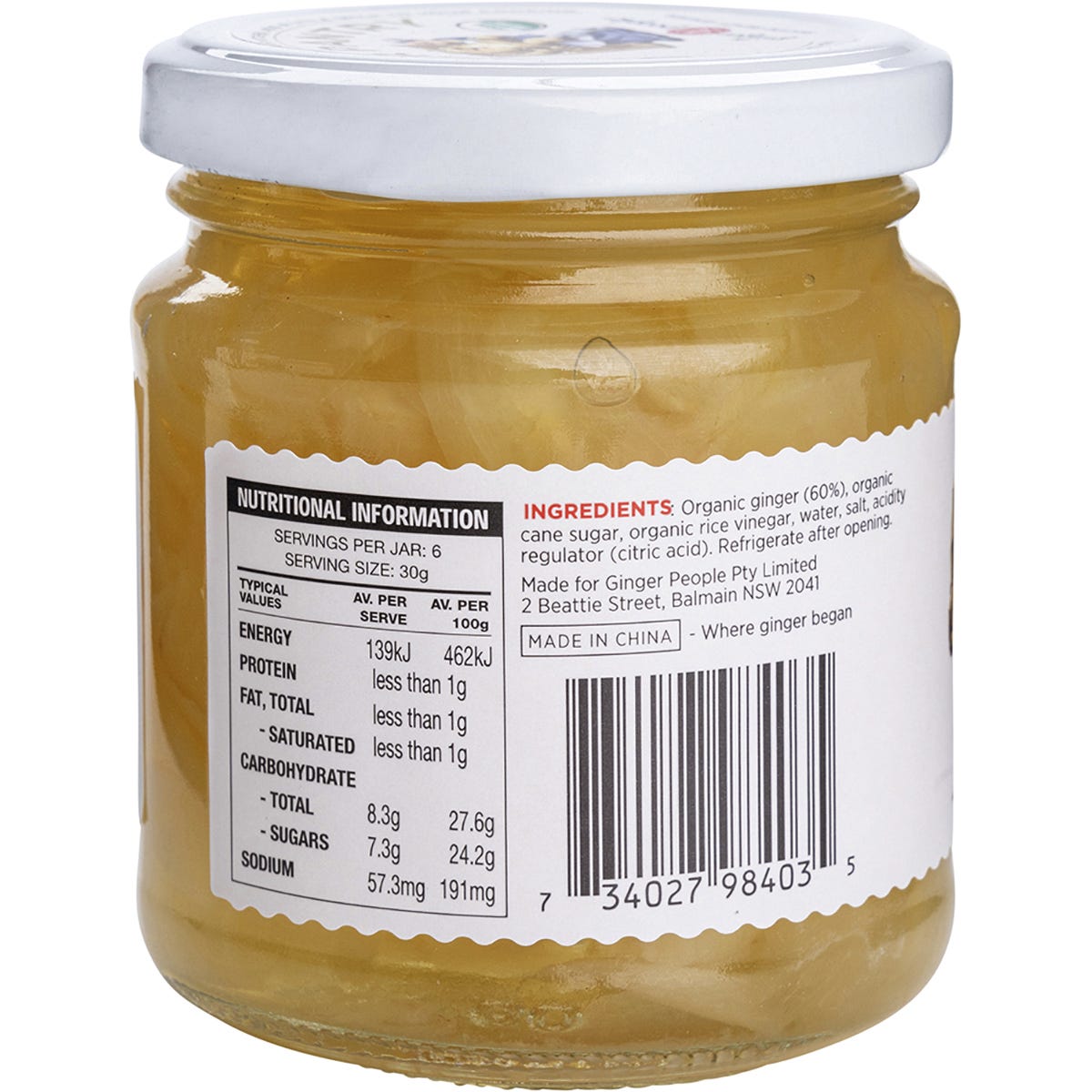Side view of The Ginger People Organic Sushi Ginger 190g jar showing nutritional facts and ingredients.