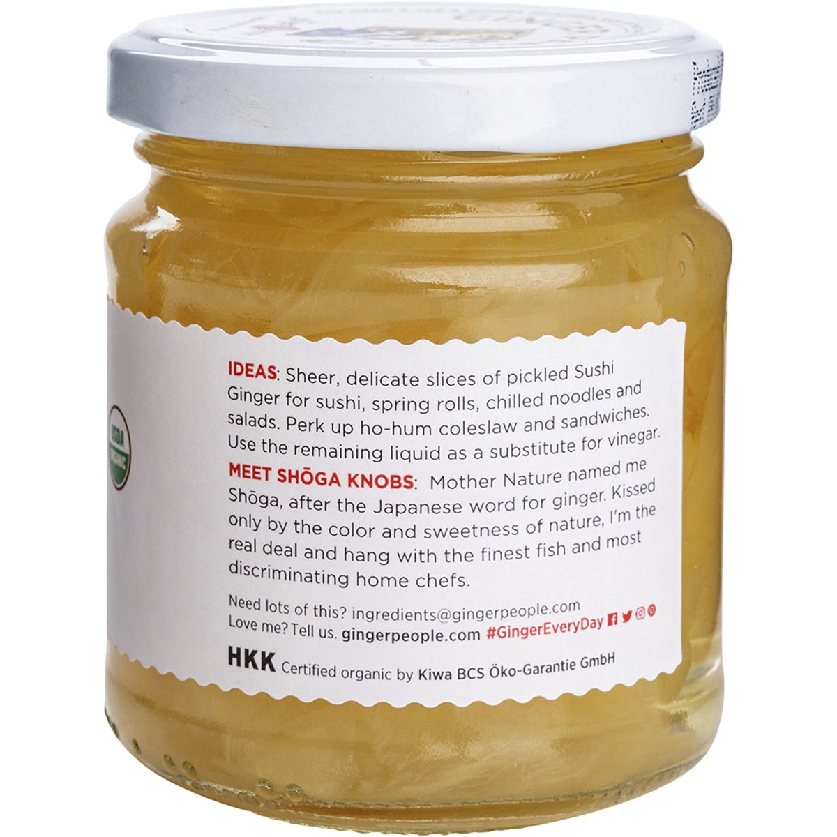 The Ginger People Organic Sushi Ginger 190g glass jar with a gold lid on a white background.