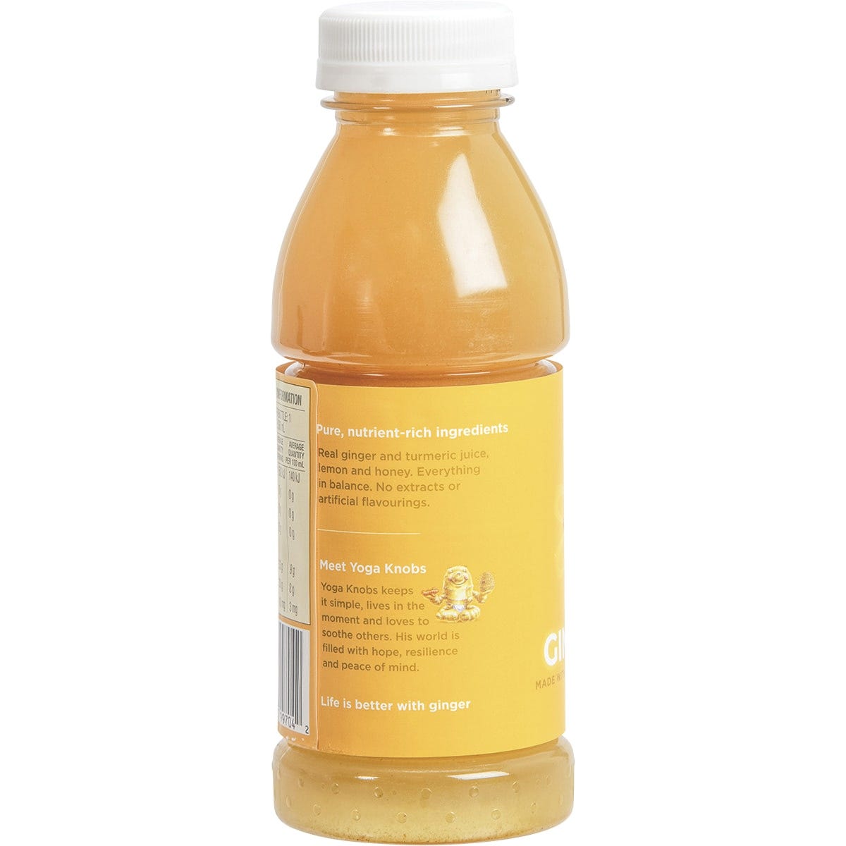 Bottle of The Ginger People Turmeric Gingerade with a yellow label and ginger illustrations on a white background.