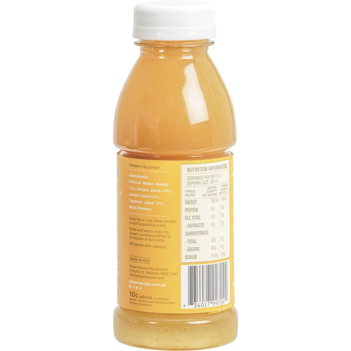 The Ginger People Turmeric Gingerade 360ml bottle with a yellow label and a nutrition facts panel.