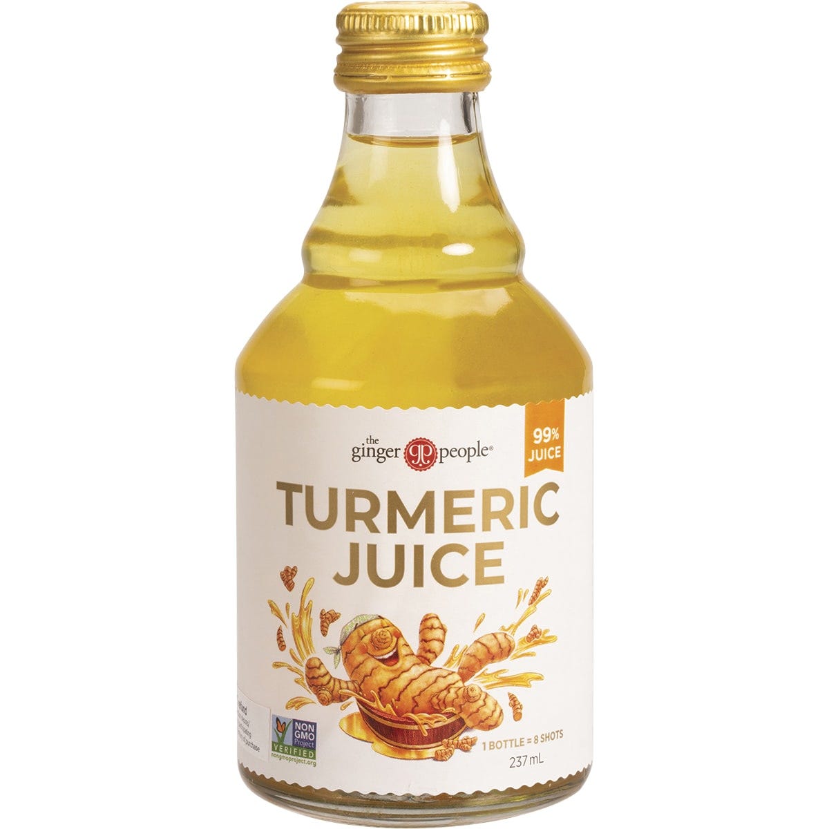 237ml bottle of The Ginger People 99% Turmeric Juice with a bright yellow label and turmeric root imagery.