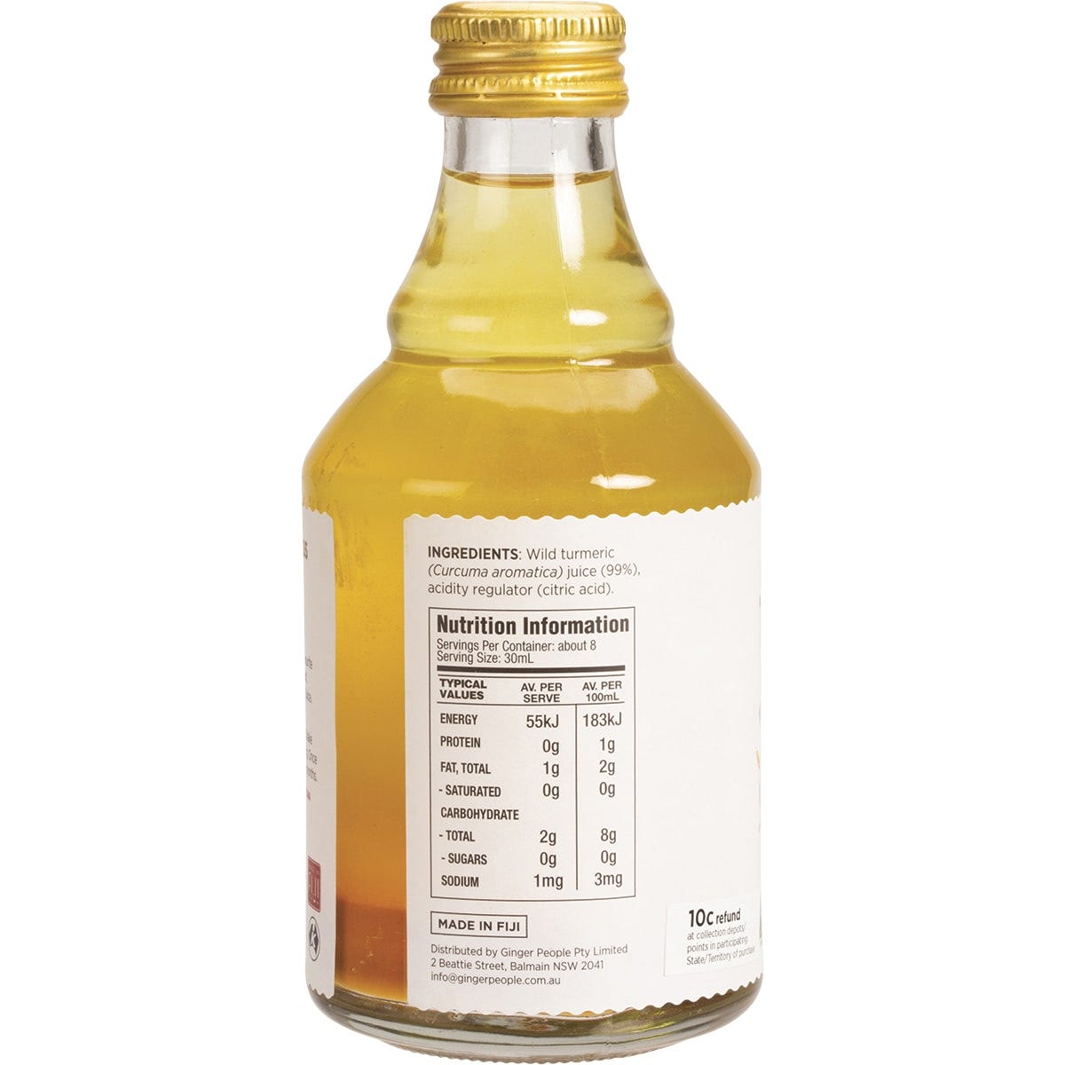 Bottle of The Ginger People 99% Turmeric Juice showing nutritional facts, ingredients, and a "No Sugar Added" label.