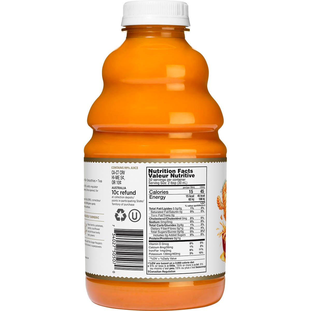 The Ginger People 946ml Turmeric Juice bottle with a yellow label and orange cap on a white background.