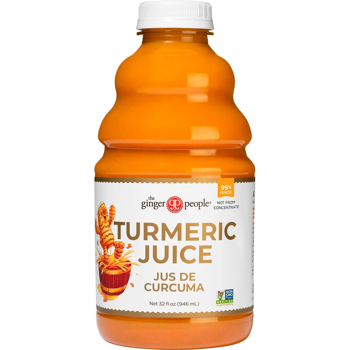 946ml bottle of The Ginger People Turmeric Juice 99% with a yellow label and orange cap on a white background.