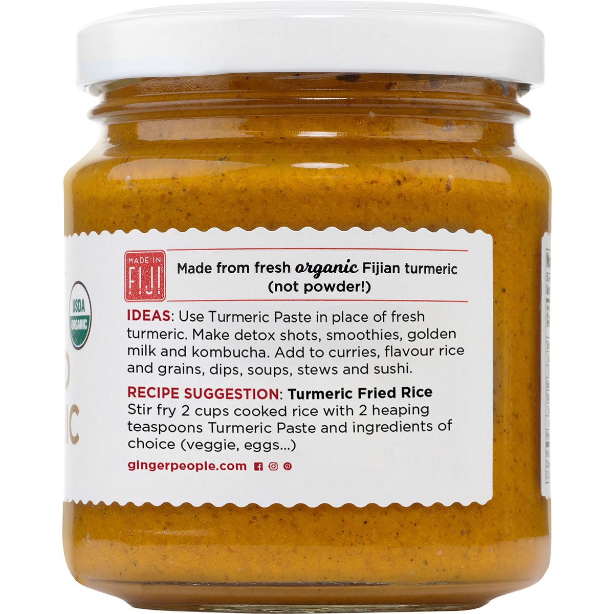 Side view of The Ginger People Organic Turmeric Paste jar highlighting the Non-GMO Project Verified logo.