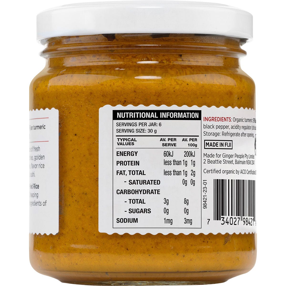 Back of The Ginger People Organic Turmeric Paste jar showing ingredients, nutrition facts, and usage instructions.