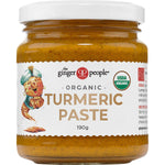 Six 190g jars of The Ginger People Organic Turmeric Paste with a vibrant yellow label on a white background.
