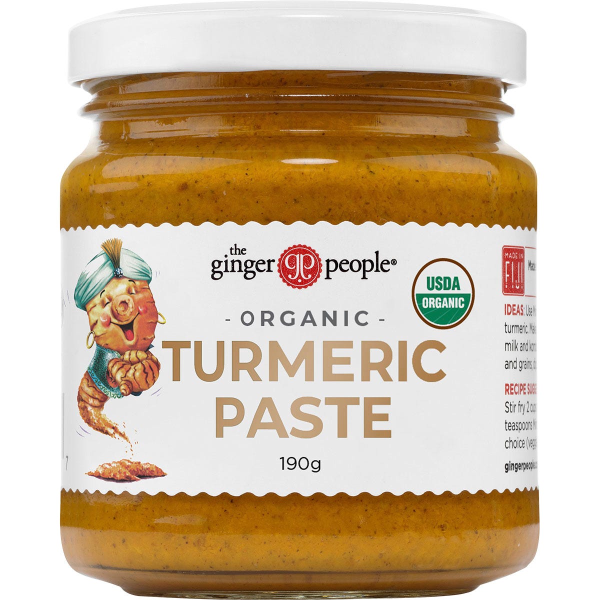 Six 190g jars of The Ginger People Organic Turmeric Paste with a vibrant yellow label on a white background.