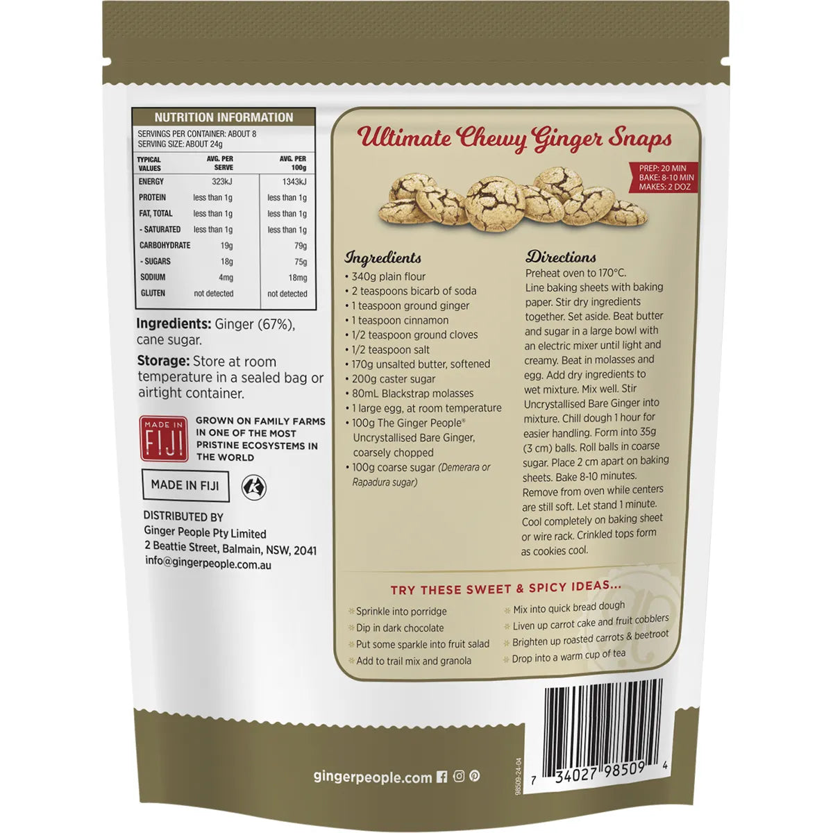 Uncrystallised Bare Ginger 200g bag by The Ginger People with Fiji landscape and succulent ginger chunks.