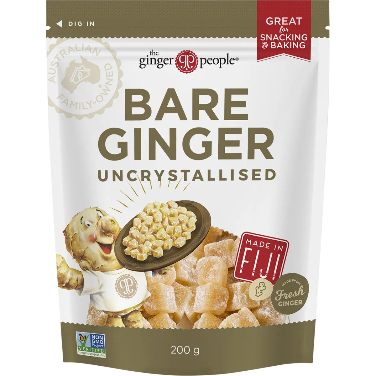 The Ginger People Uncrystallised Bare Ginger 200g bag with ginger chunks and Fiji landscape.