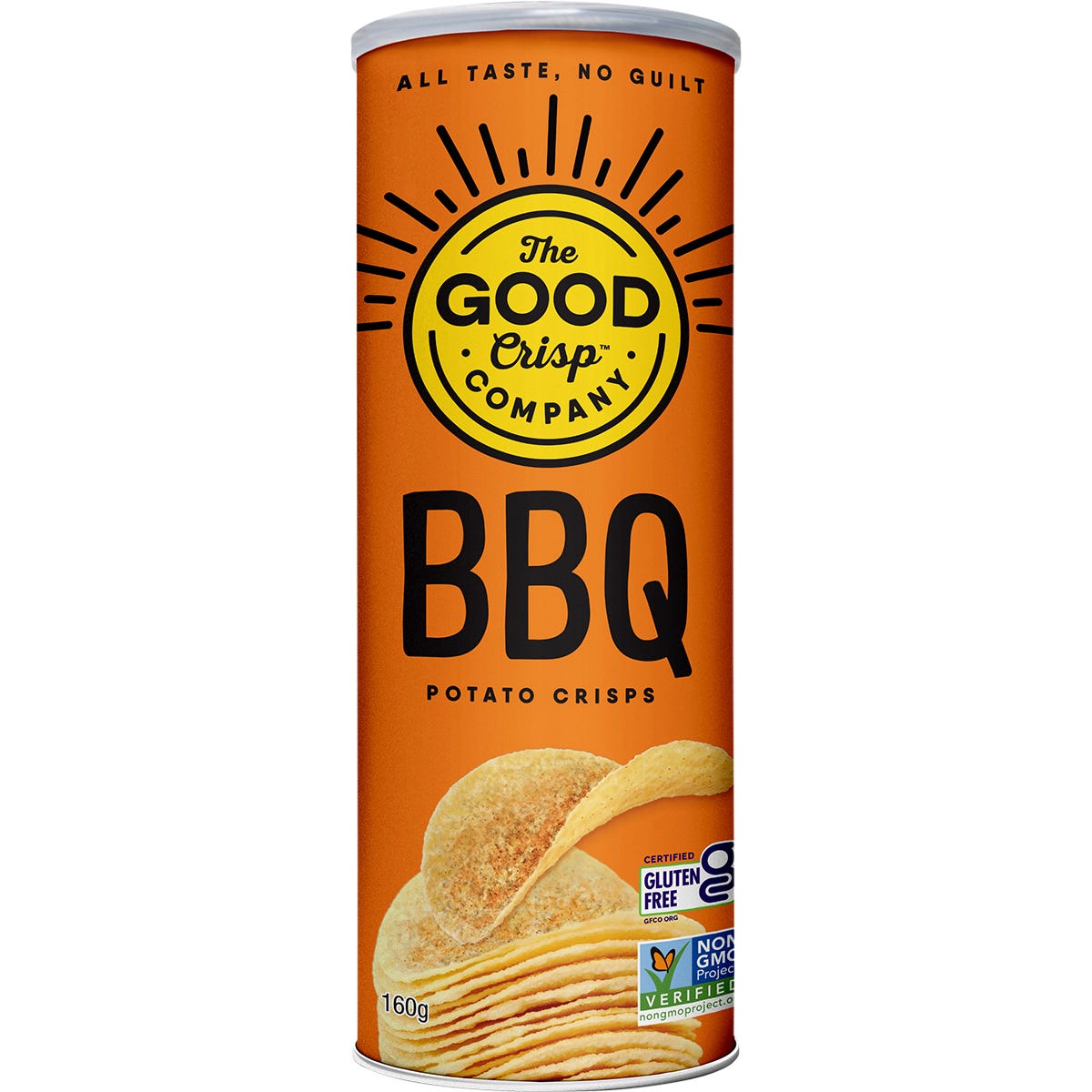 The Good Crisp Company Outback BBQ potato crisps 160g canister featuring a red and orange label with a gluten-free logo.