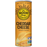 Eight 160g canisters of The Good Crisp Company Cheddar Cheese potato crisps on a white background.