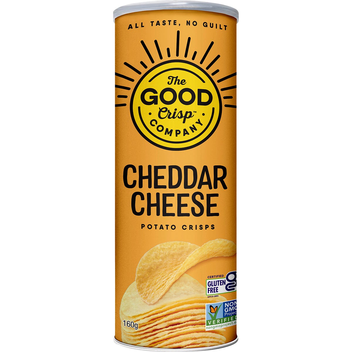 Eight 160g canisters of The Good Crisp Company Cheddar Cheese potato crisps on a white background.