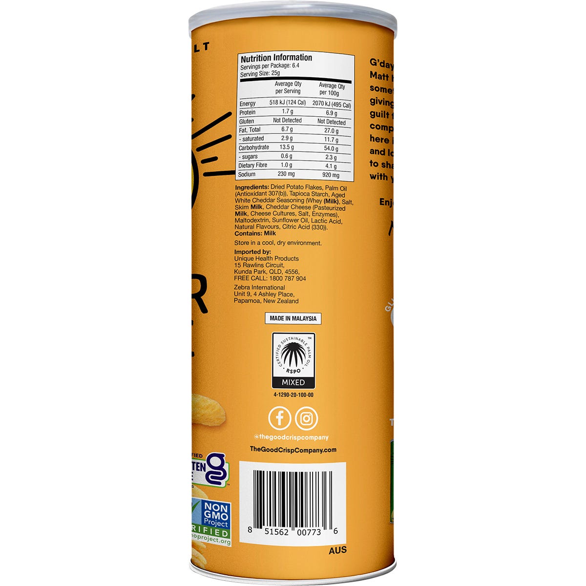 Back of The Good Crisp Company Cheddar Cheese 160g canister with nutrition facts and ingredients.