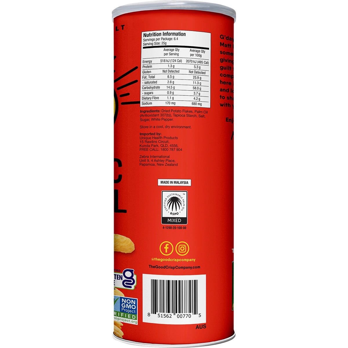 Back of The Good Crisp Company Classic Original 160g canister with nutrition facts, ingredients, and allergen info.