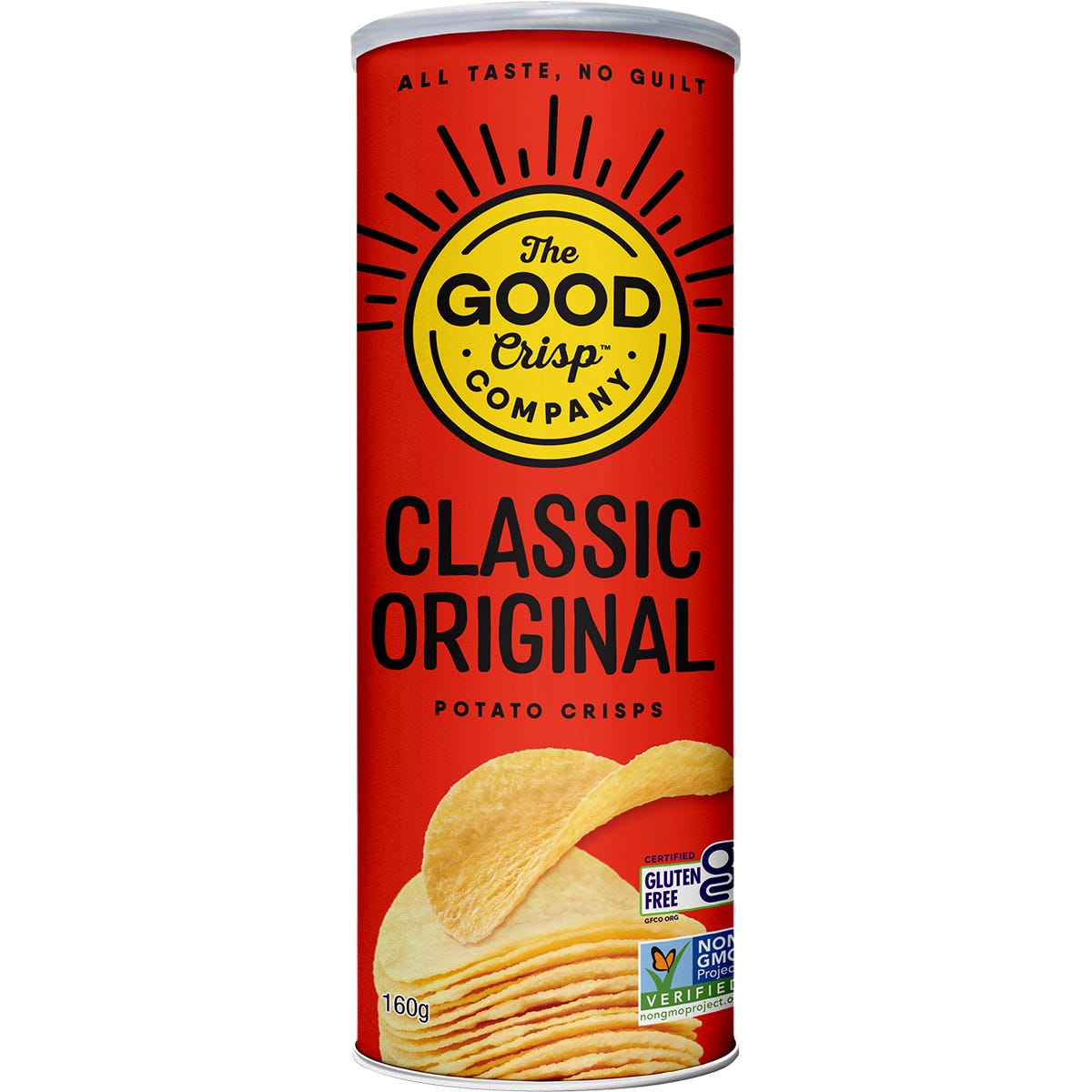 8-pack of The Good Crisp Company Classic Original potato crisps in red canisters on a white background.