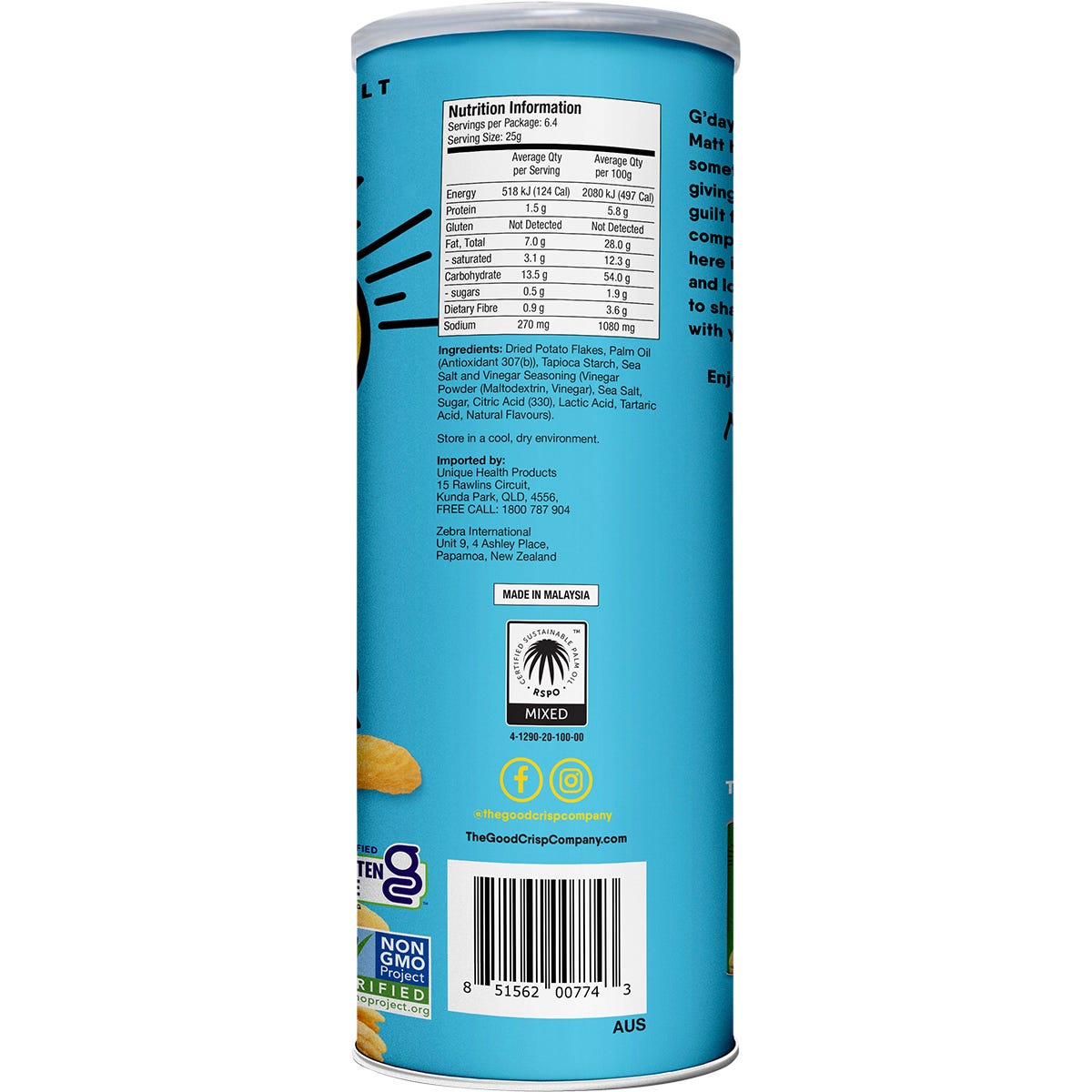 Back of The Good Crisp Company Sea Salt & Vinegar 160g canister with nutrition facts and ingredients.