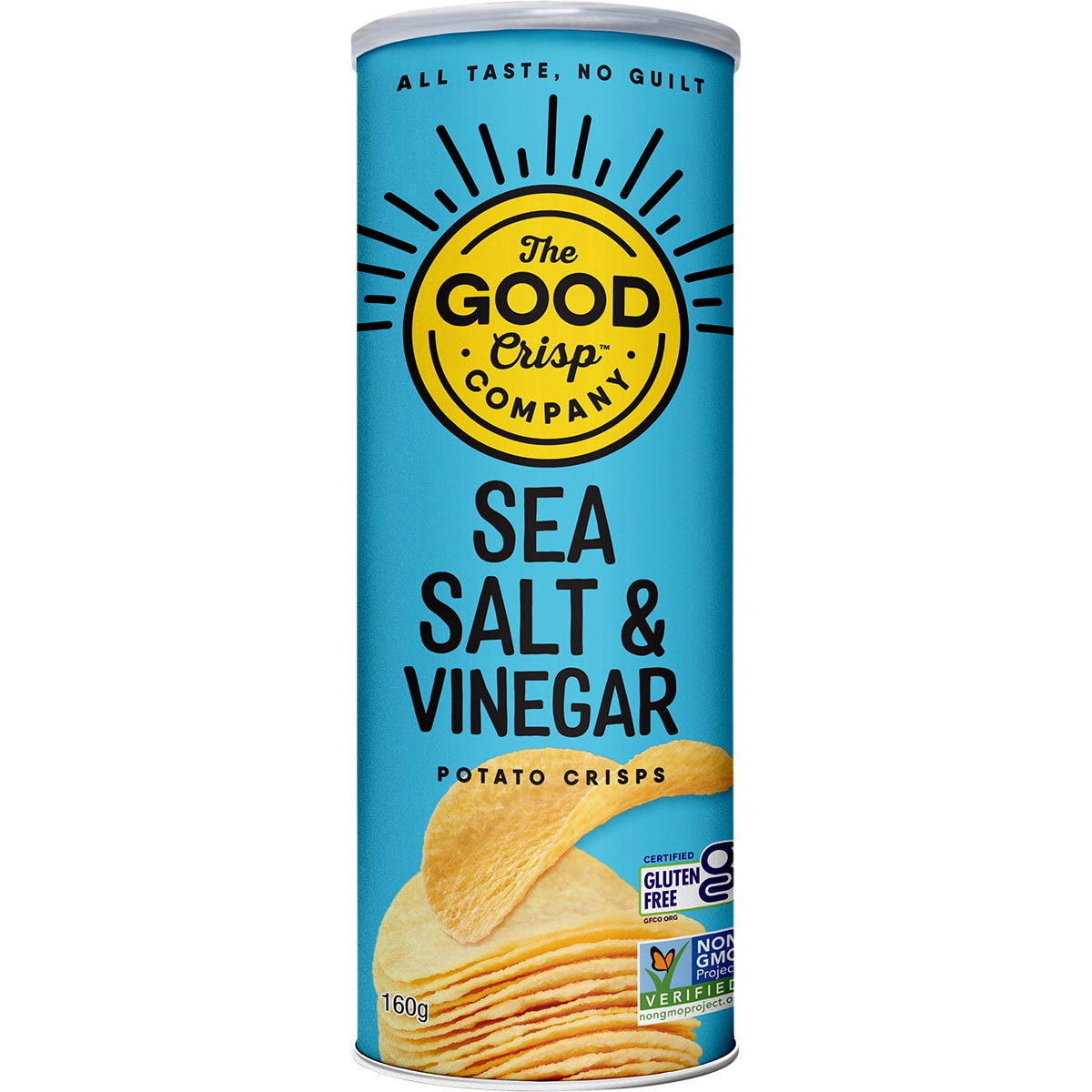 Eight 160g canisters of The Good Crisp Company Sea Salt & Vinegar potato crisps on a white background.