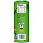 Canister of The Good Crisp Company Sour Cream & Chives potato crisps on a green background.