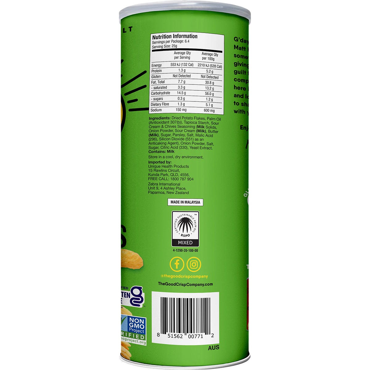 Canister of The Good Crisp Company Sour Cream & Chives potato crisps on a green background.