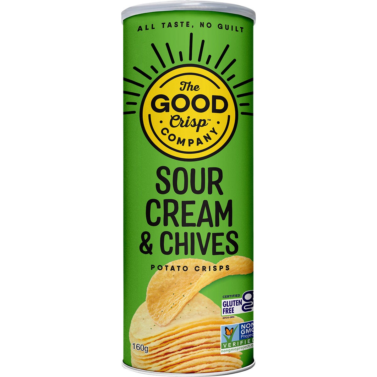 8-pack of The Good Crisp Company Sour Cream & Chives potato crisp canisters in a green box.