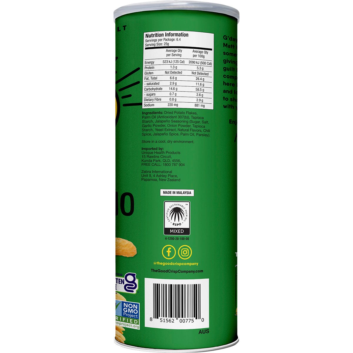 Back of The Good Crisp Company Spicy Jalapeno potato crisps canister showing nutrition facts and ingredients.