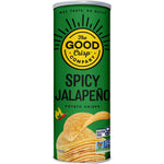 Green canister of The Good Crisp Company Spicy Jalapeno potato crisps with a pack of 8 indicator.