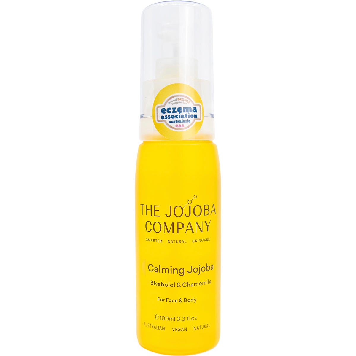 100ml bottle of The Jojoba Company Calming Jojoba Oil for face and body with bisabolol on a white background.