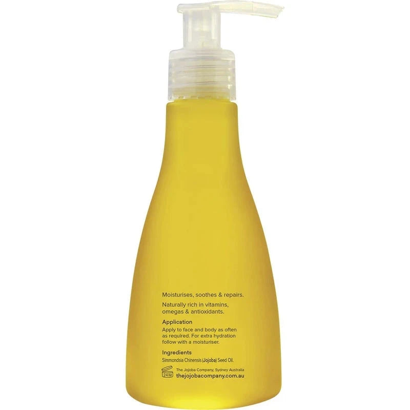 Back of 200ml Australian Jojoba Oil bottle with product details and directions for face and body.
