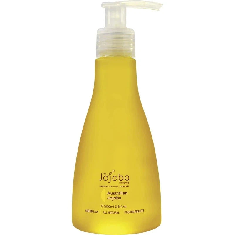 200ml bottle of Australian Jojoba oil for face and body featuring a pump dispenser and yellow liquid.