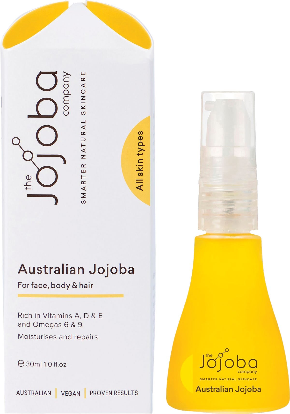 30ml yellow spray bottle of The Jojoba Company Australian Jojoba Oil for face and body on a white background.