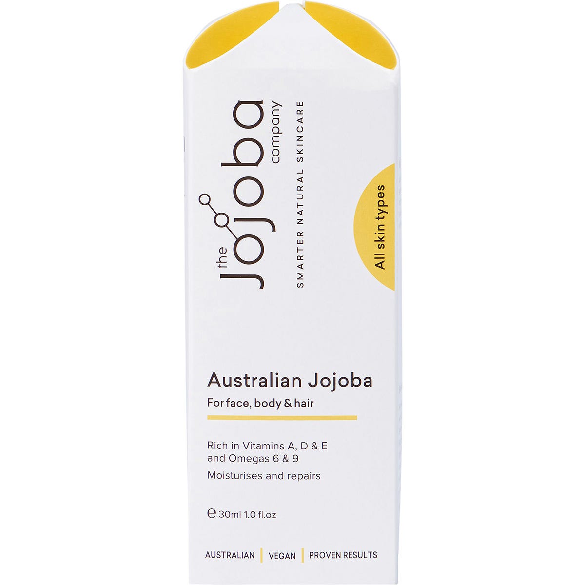Side view of a 30ml The Jojoba Company Australian Jojoba Oil bottle showing additional product details and features.