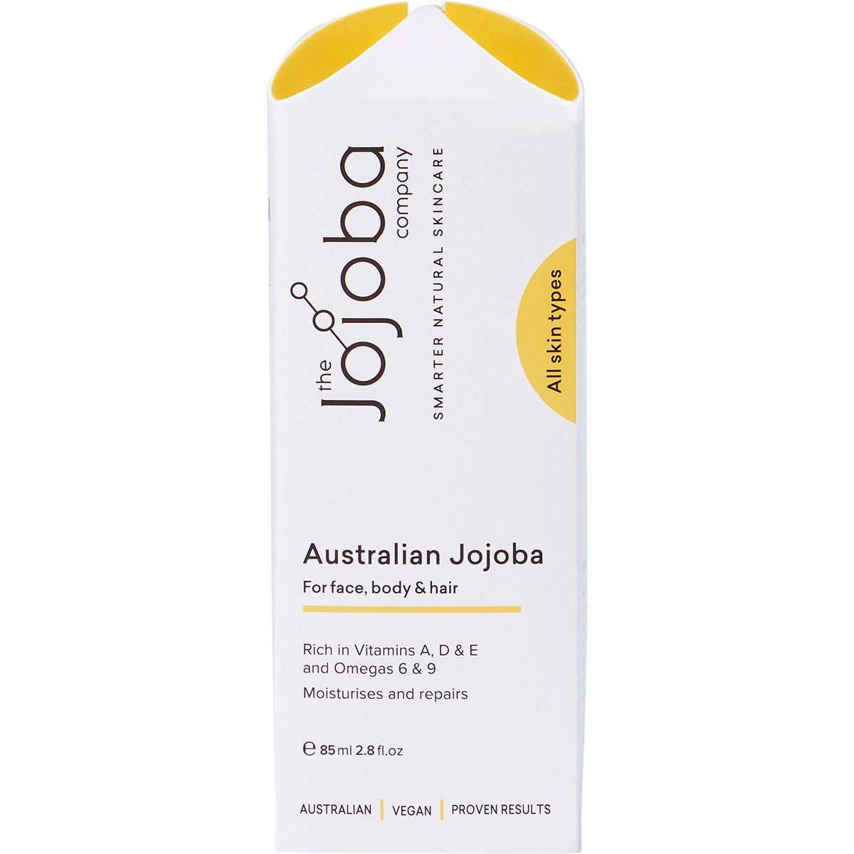 Back of an 85ml Australian Jojoba Oil bottle showing product ingredients, benefits, and directions.