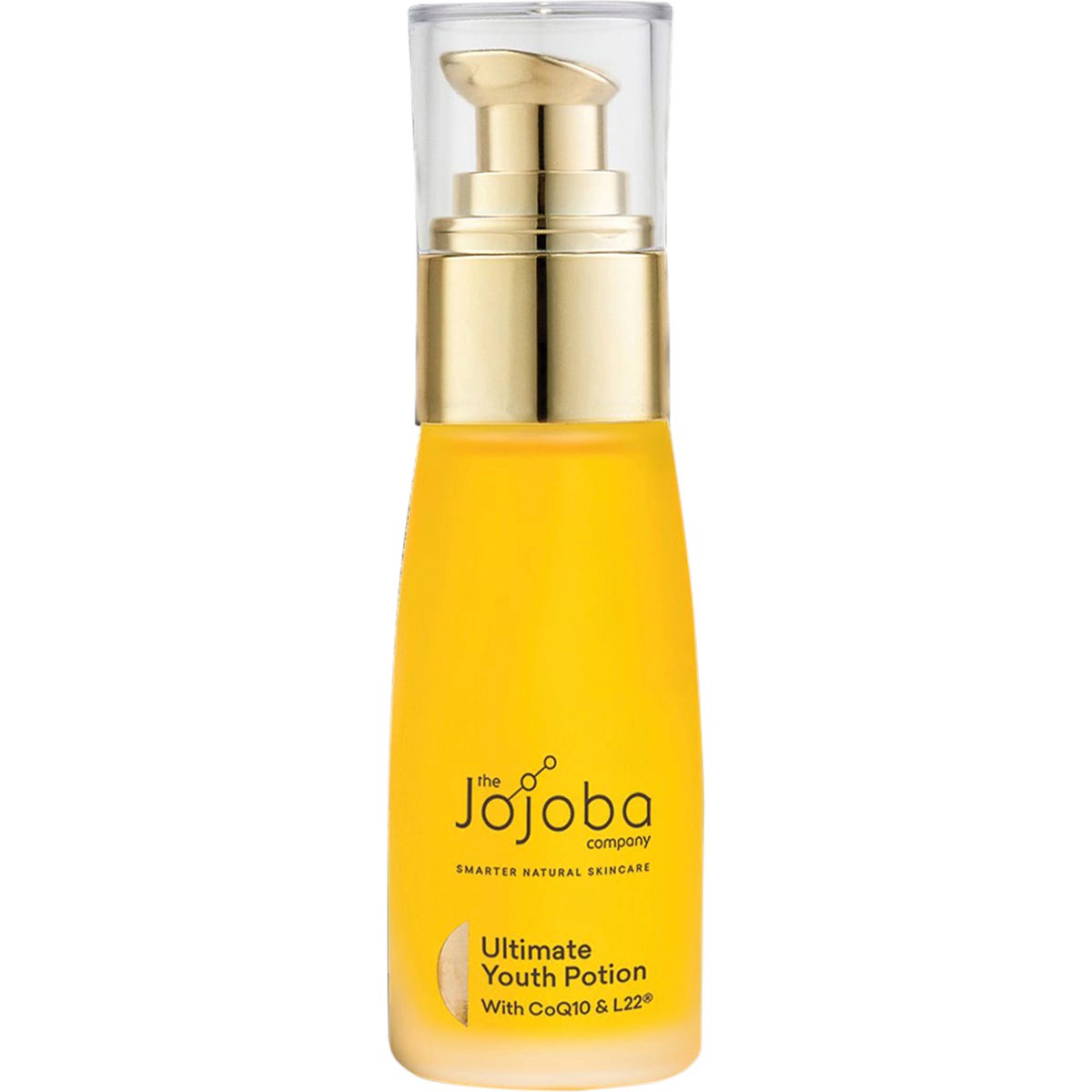 The Jojoba Company Ultimate Youth Potion 50ml glass bottle with a gold pump dispenser on a white background.