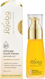 50ml bottle of The Jojoba Company Ultimate Youth Potion with CoQ10 and L22 featuring a gold pump and dropper.