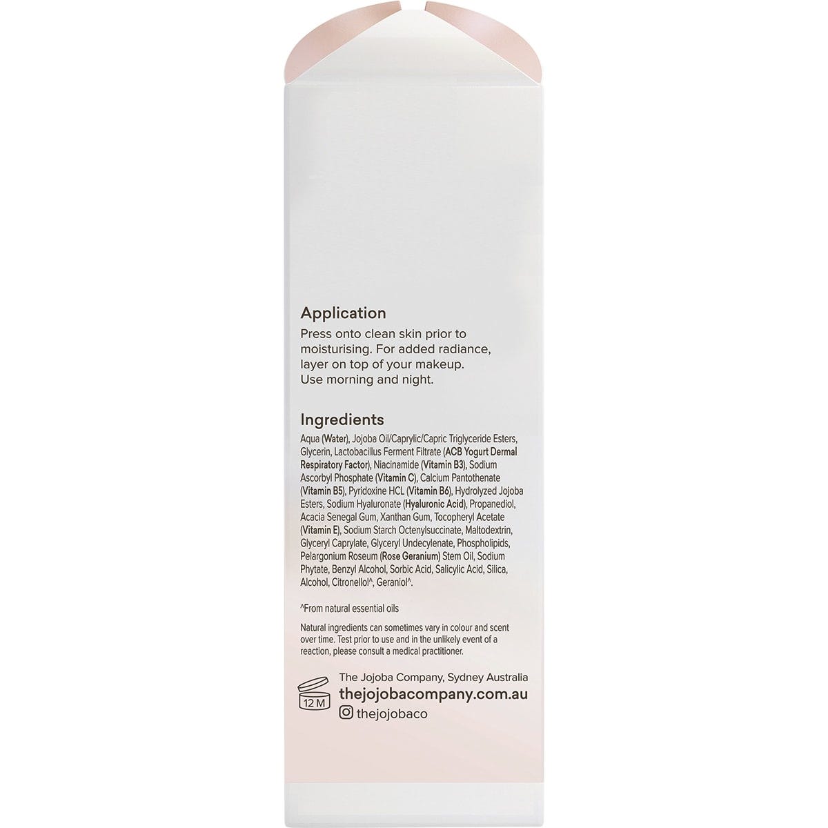 Left side of a Jojoba Milk serum box showing key benefits, clinical results, and Australian-made logo.