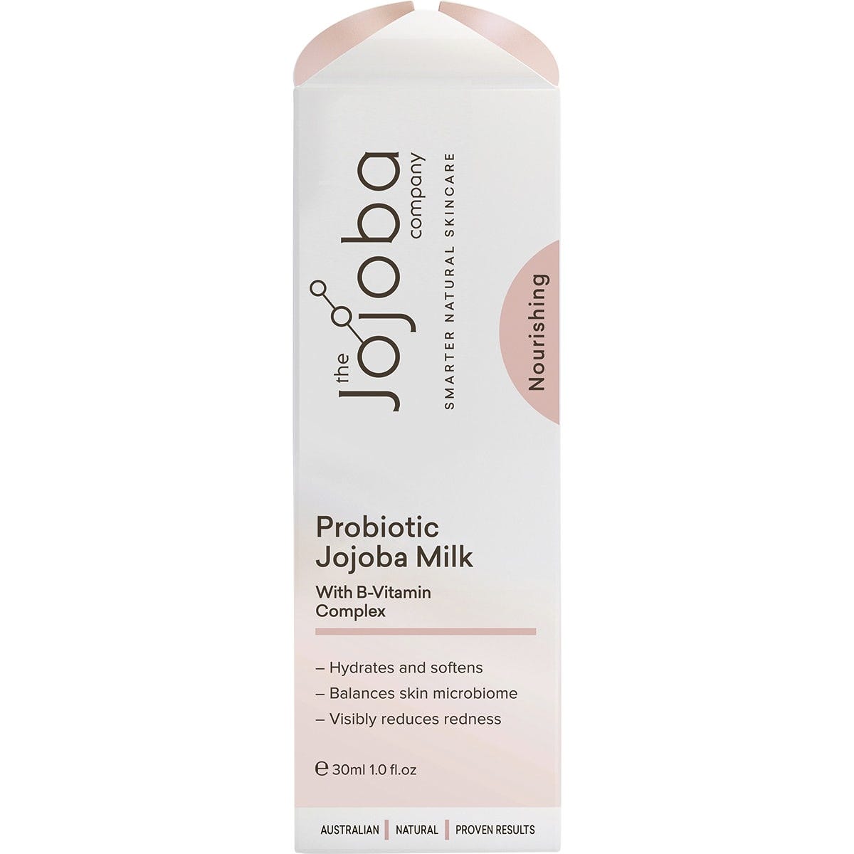 Back of The Jojoba Company Probiotic Jojoba Milk box showing ingredients, directions, and product benefits.