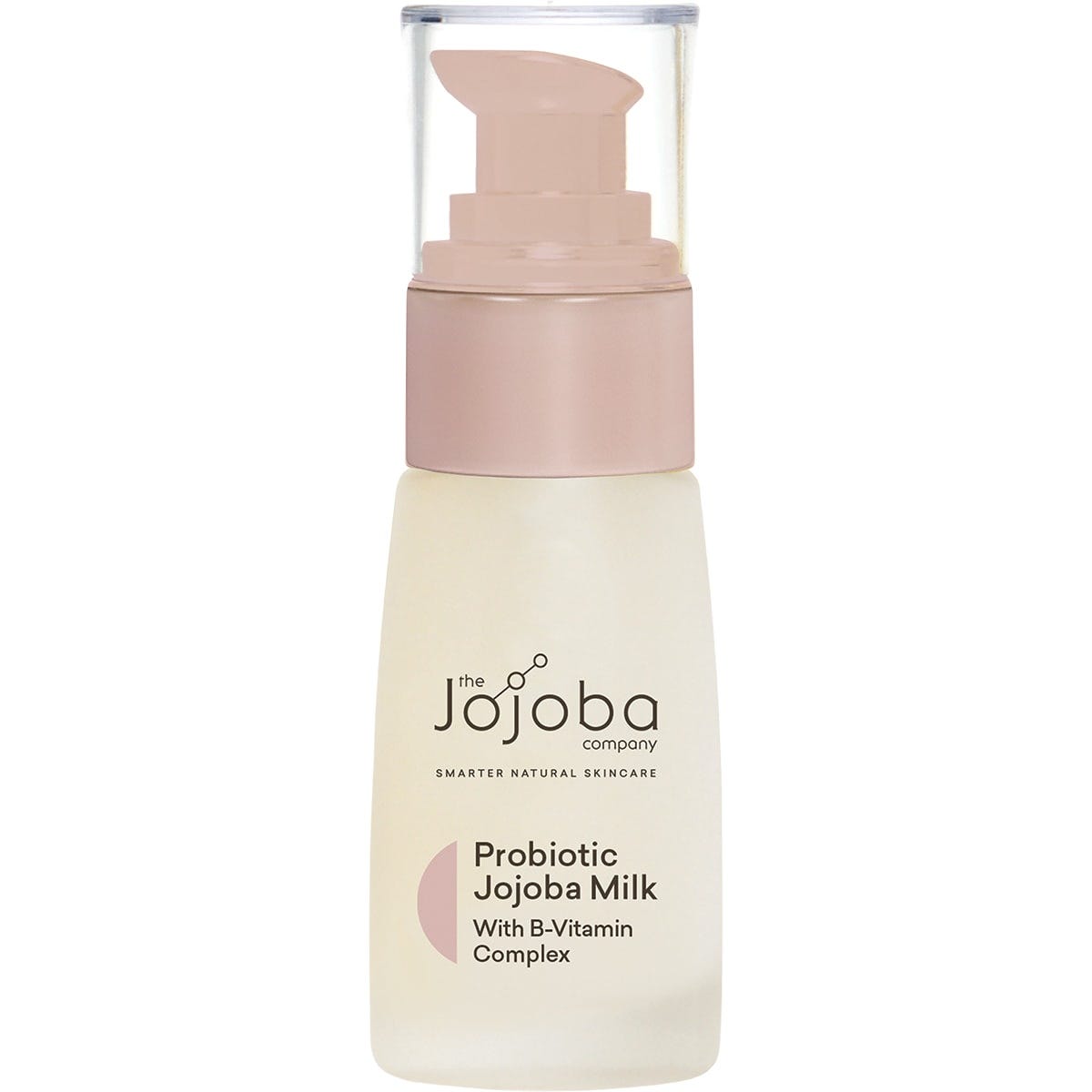 30ml bottle of The Jojoba Company Probiotic Jojoba Milk with its white and gold packaging on a white background.