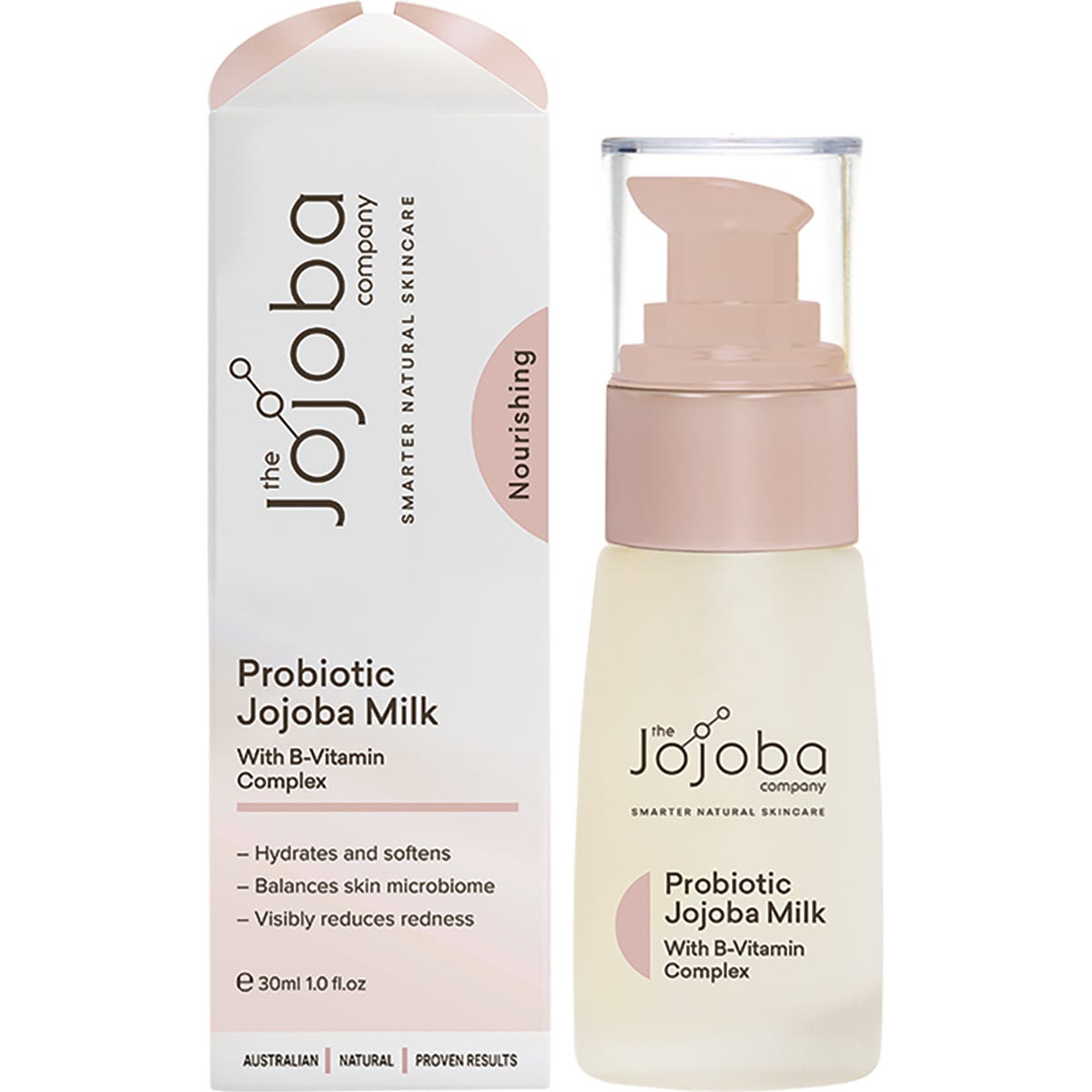 30ml bottle of The Jojoba Company Probiotic Jojoba Milk serum with a white dropper lid on a white background.