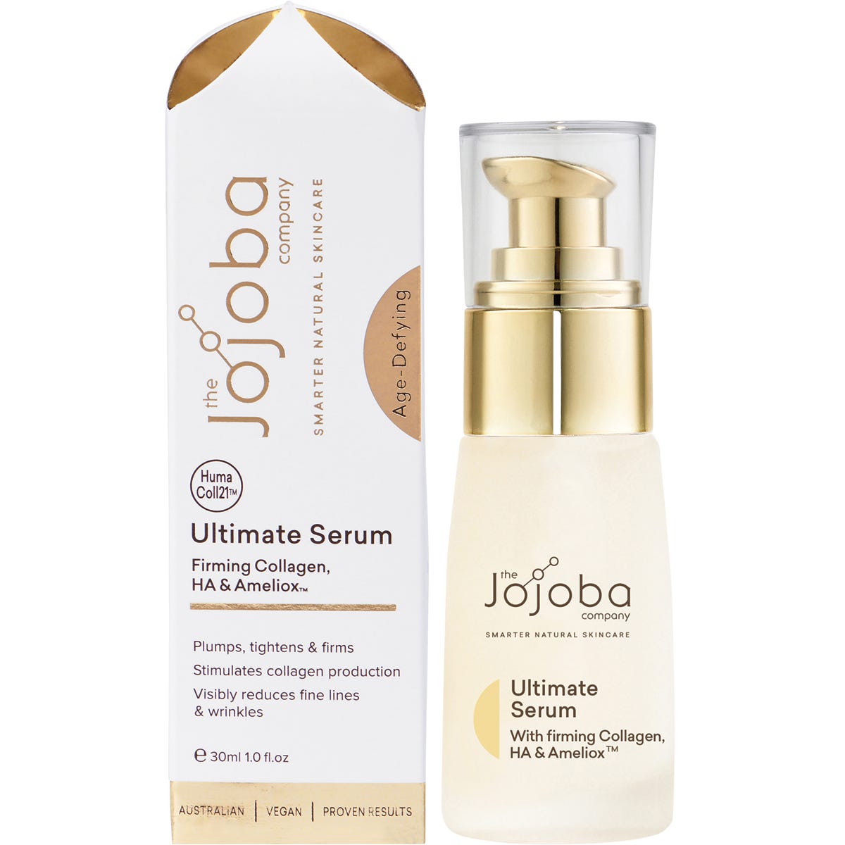 30ml bottle of The Jojoba Company Ultimate Serum with firming collagen, HA, and Ameliox on a white background.