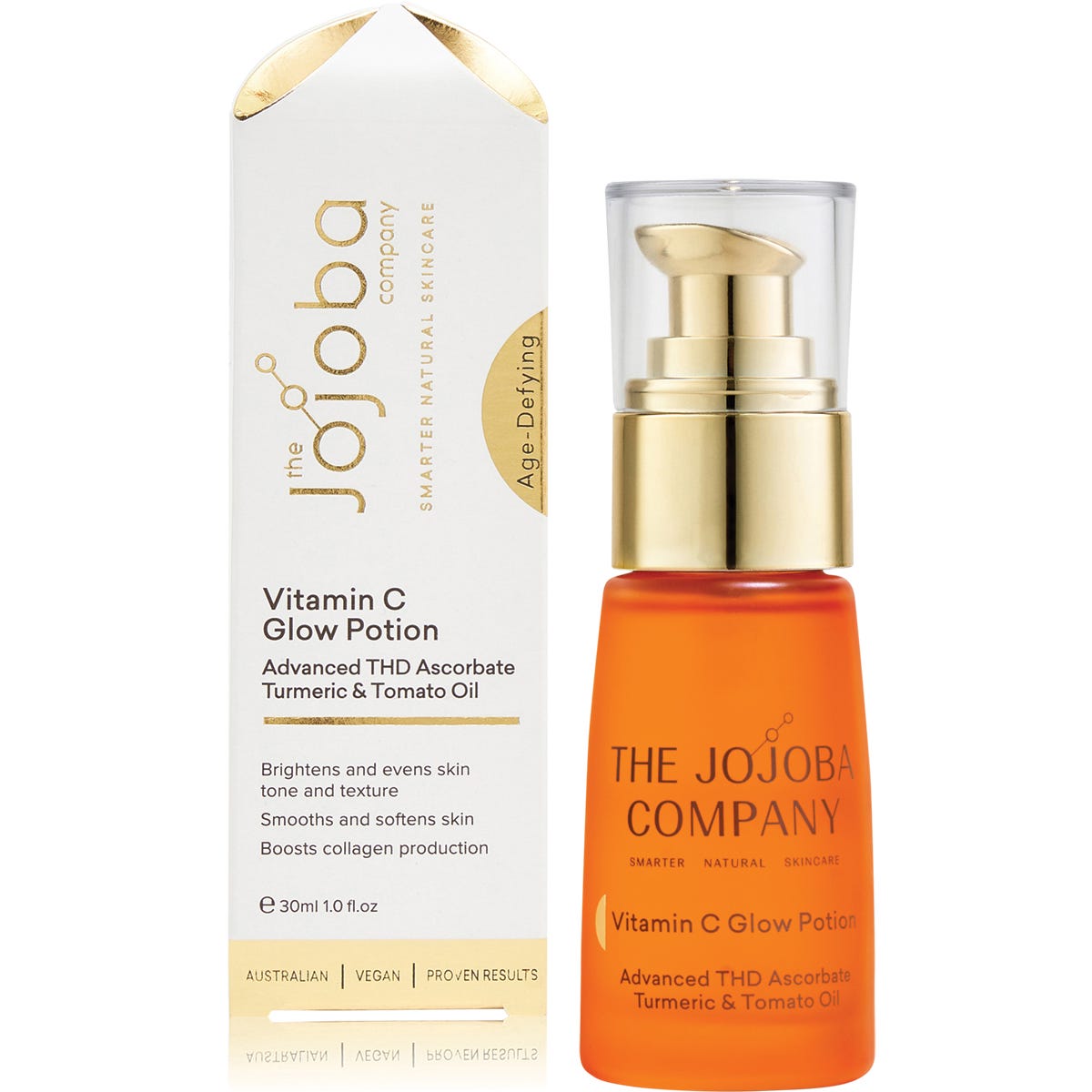 The Jojoba Company Vitamin C Glow Potion 30ml bottle and box with orange botanical illustrations.