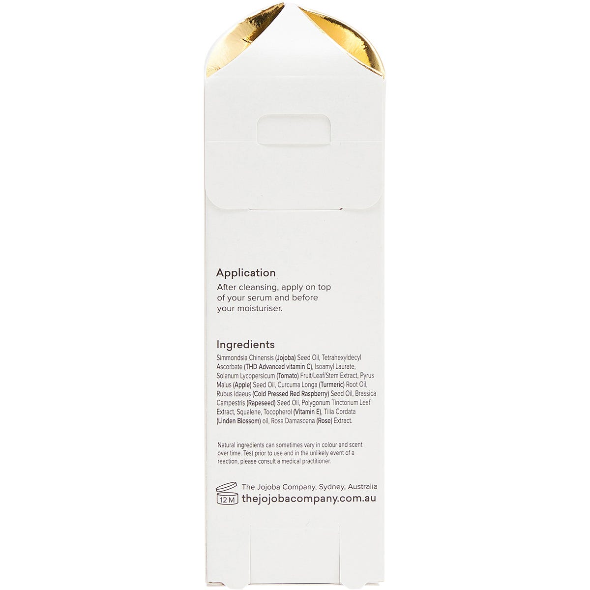 Side view of The Jojoba Company Vitamin C Glow Potion box showing product benefits and a "Natural Ingredients" logo.