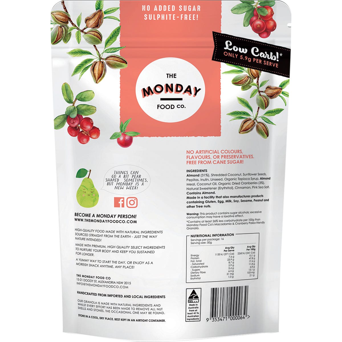 The Monday Food Co. Keto Gourmet Granola Cranberry Clusters 800g Payless 4 Organics
