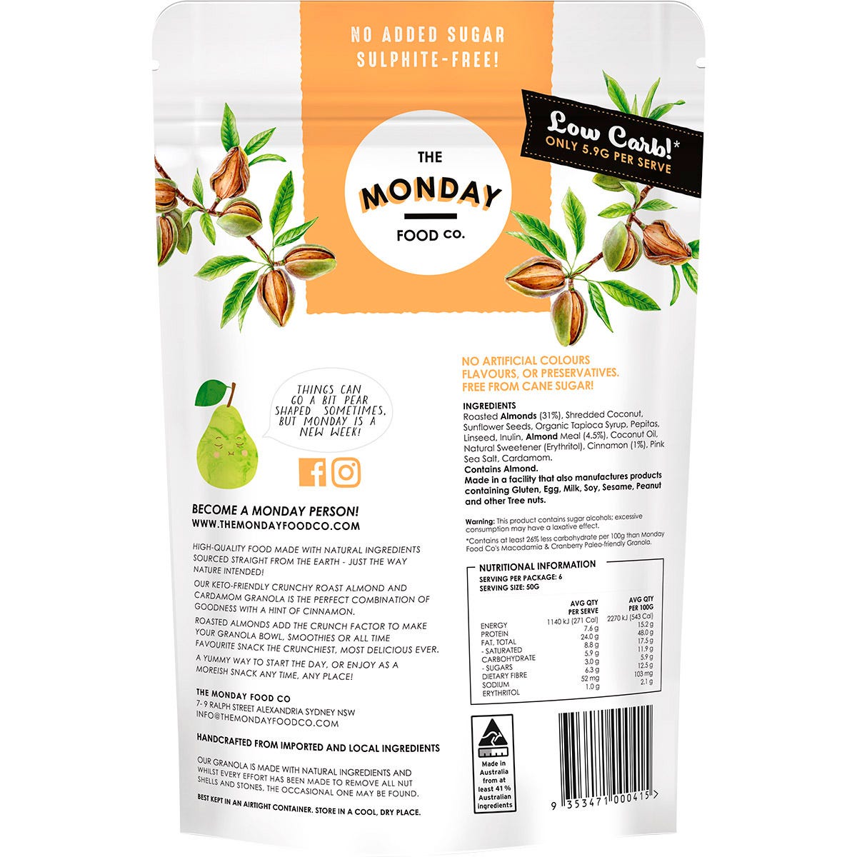 The Monday Food Co. Keto Gourmet Granola Crunchy Roast Almond & Cardamon 300g Payless 4 Organics