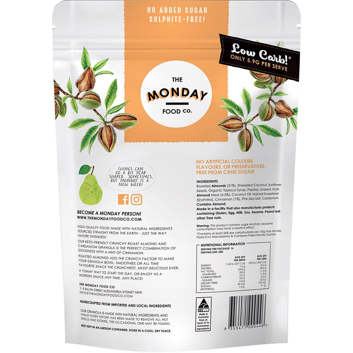 The Monday Food Co. Keto Gourmet Granola Crunchy Roast Almond & Cardamon 800g Payless 4 Organics