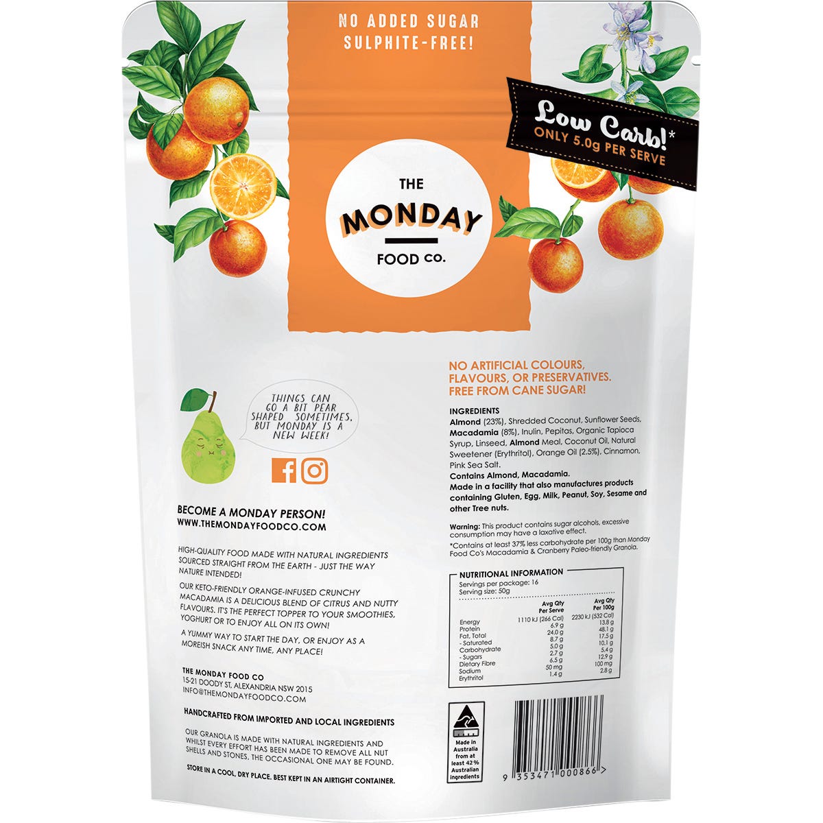The Monday Food Co. Keto Gourmet Granola Orange Infused Crunchy Macadamia 800g Payless 4 Organics