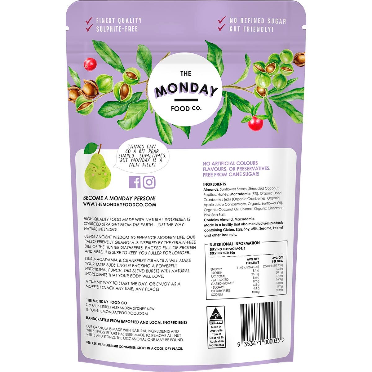 The Monday Food Co. Paleo Gourmet Granola Macadamia & Cranberry 300g Payless 4 Organics