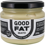 A 280g glass jar of Good Fat Mayo by Undivided Food Co. featuring a black lid and a white label with black text, set against a clean white background.