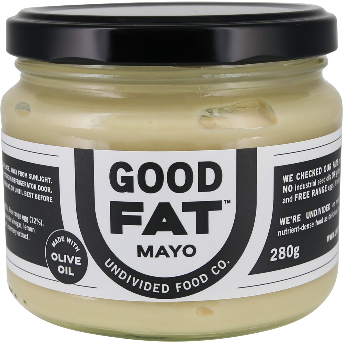 A 280g glass jar of Good Fat Mayo by Undivided Food Co. featuring a black lid and a white label with black text, set against a clean white background.