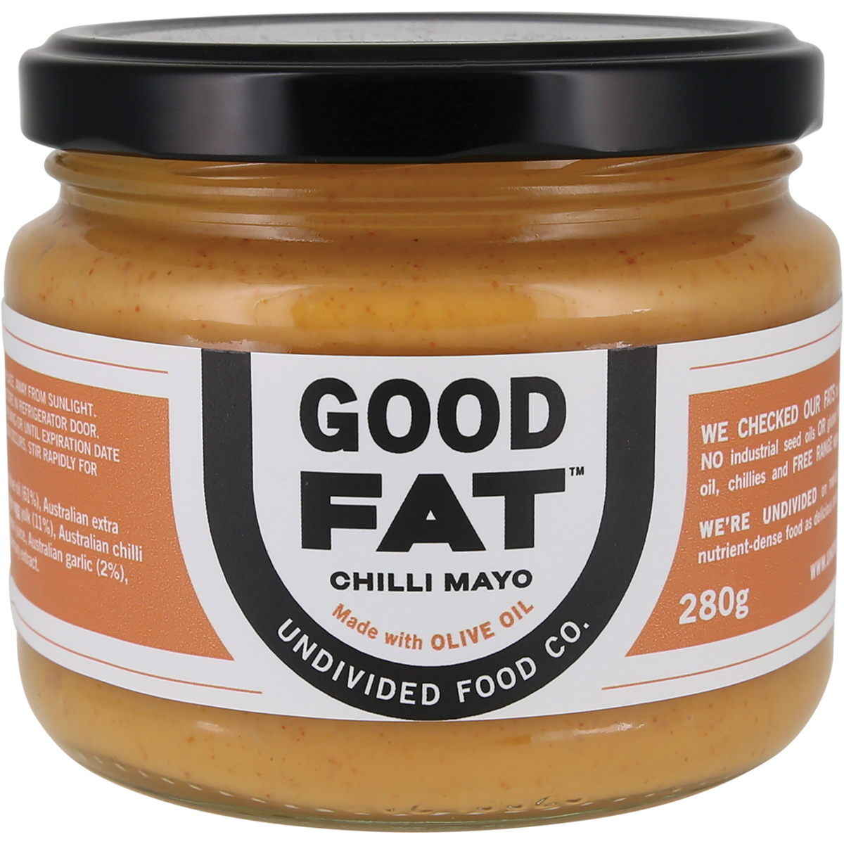 A 280g glass jar of Good Fat Chilli Mayo by Undivided Food Co. featuring a black lid and a white and orange label.